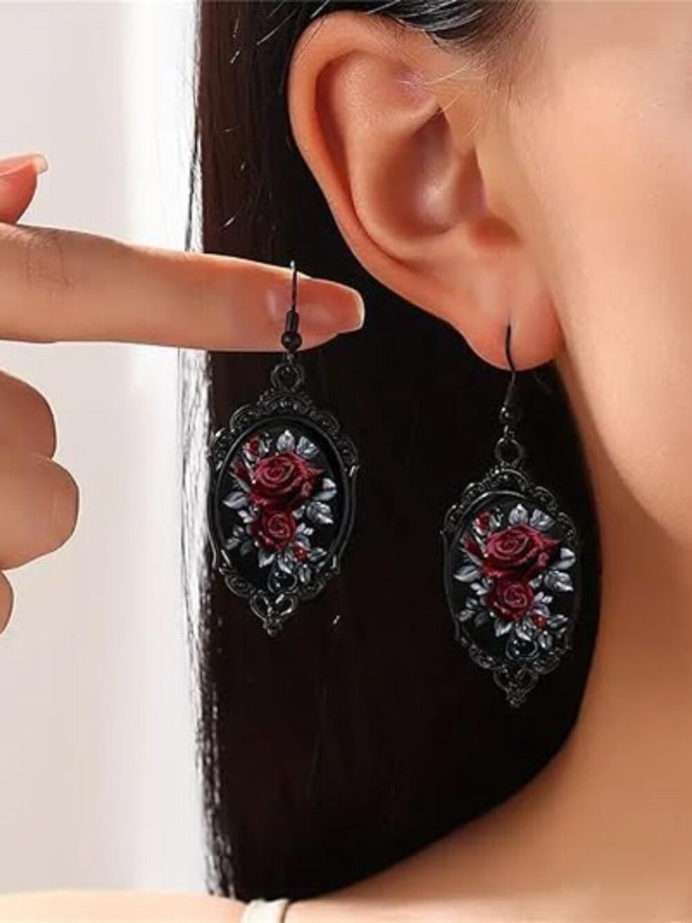 Women's Black Vintage Crystal Glass Flower Drop Dark Punk Style Rose Earring - Picture 4 of 5